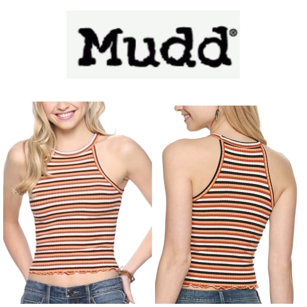 Mudd Orange and White Ribbed High Neck Sleeveless Tank Top S